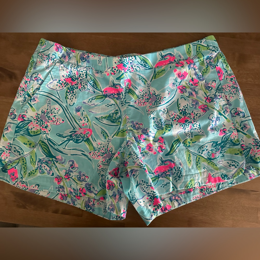 Lilly Pulitzer Aqua Floral Print Shorts with Pink and Green Accents